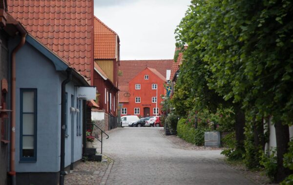 I bakgrunden syns ett rött putsat hus, Åhus museum