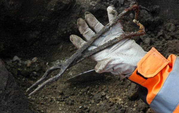 En hand som håller ett arkeologiskt fynd, en tång.