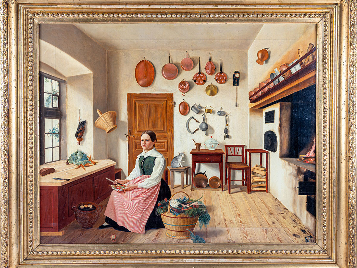 Oljemålning på duk föreställande en interiör av ett kök med en kvinna som sitter på en stol i förgrunden