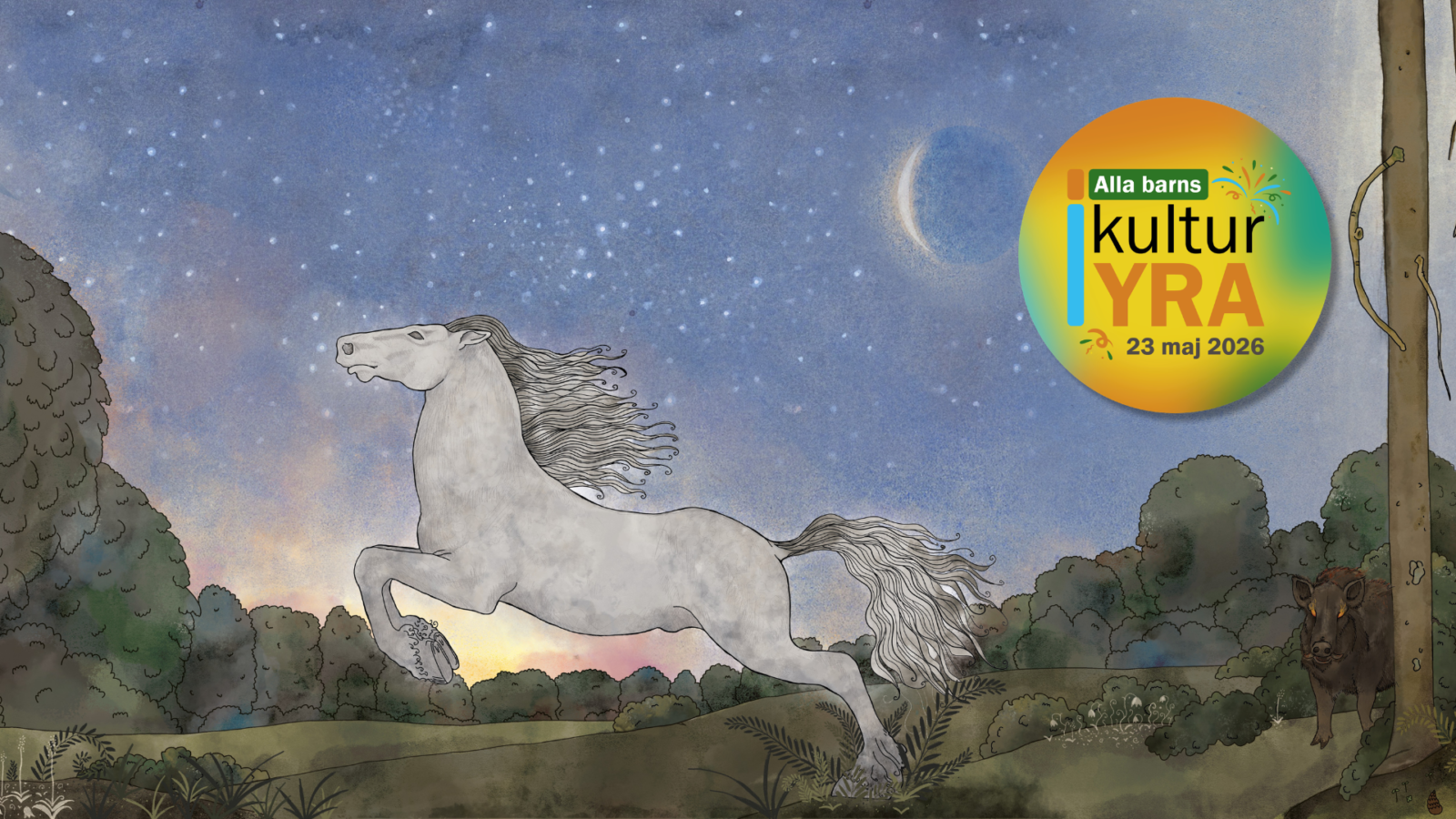 Illustrerad bild av en vit häst som springer på en grön äng framför en blå himmel.