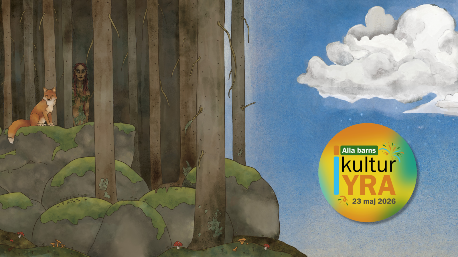 En skog, med träd och stenar med mossa på. Ovanpå sitter ett väsen och en varg. Till höger om dem är en blå himmel och ett stort vitt moln.