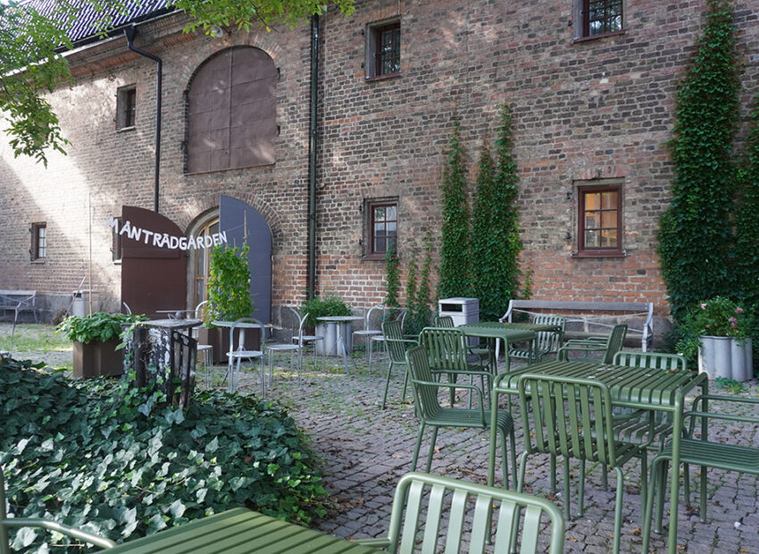 en innergård med grönskande träd och gröna utemöbler