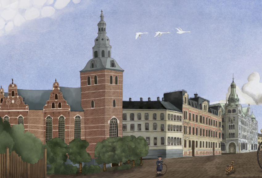 Illustration av en stor kyrka i tegel samt två byggnader i gult och beige.